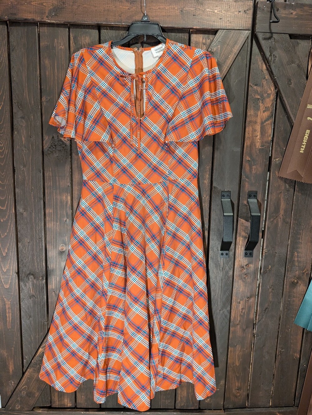 Unique Vintage Orange Plaid Midi Dress with Tie Neck